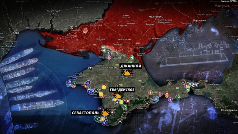 Карта Крыма и военные объекты на полуострове. Коллаж