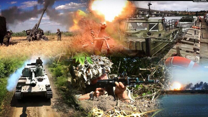 Коллаж с использованием кадров боевых действий в Херсонской области