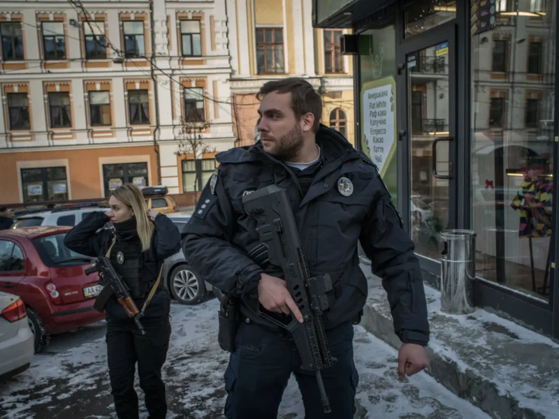 30-річна Світлана Лук'яненкова та її колега патрульної поліції Станіслав Скрипник, 28, на роботі в Києві, Україна, у грудні.Кредит...Лаура Бушнак для The New York Times