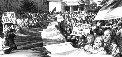 У перші місяці російського вторгнення у вже окупованому Херсоні все ще проходили проукраїнські мітинги. Ставлення окупантів до місцевих змінилось, коли вони зрозуміли, що херсонці не раді “визволителям”. Навесні 2022-го Барчуки ходили на мітинги усією родиною. Ілюстрація Інги Леві