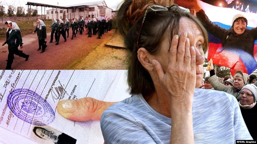Фотоколаж: кримчанка Ірина Буняк, її документи, жіноча колонія в Росії