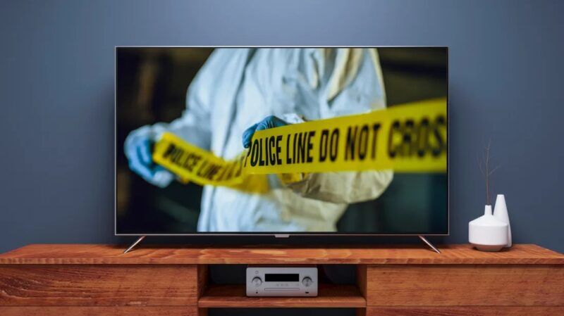PHOTO ILLUSTRATION BY MENTAL FLOSS. IMAGES: ISTOCK.COM/CUSTOMDESIGNER (TV), ISTOCK.COM/D-KEINE (CRIME SCENE)