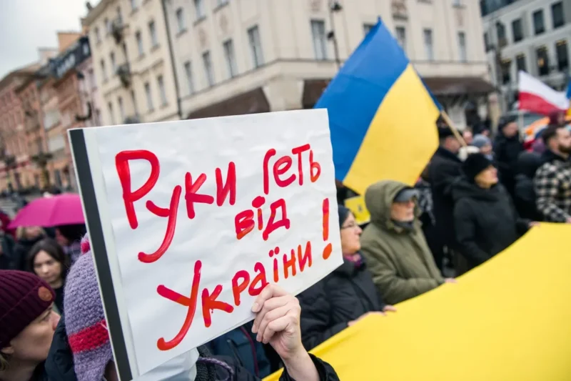 Протесты в Варшаве в поддержку Украины, 20 февраля 2022 год. Фото: Attila Husejnow/SOPA Images/LightRocket via Getty Images