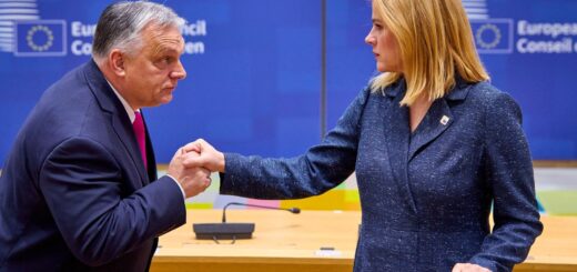 Una Bergmane @UnaBergmane "If looks could kill or Latvian and Hungarian prime ministers meeting in Brussels" Oil on canvas, 2023