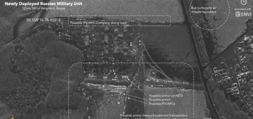Радиолокационное изображение российской военной техники возле Белгорода, Россия, 22 февраля, незадолго до вторжения в Украину.